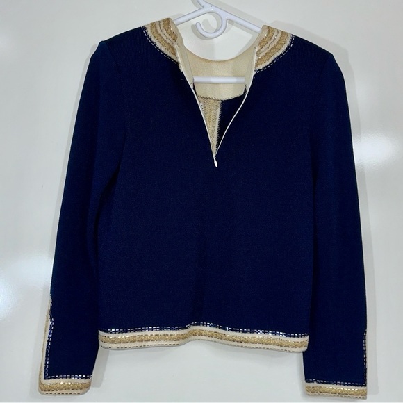 St John Evening Blue And Metallic Gold Embroidered Knit Sweater - Picture 5 of 16